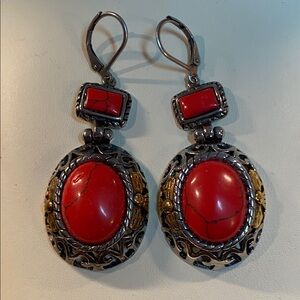 Elegant Red Jasper Agate, Silver and Gold Dangle Earrings